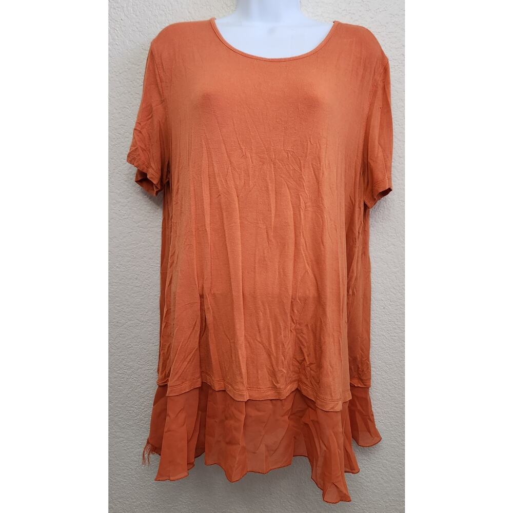 Multiples Orange Short Sleeve Sheer Hem Top XL Lightweight Soft Stretchy Flowy